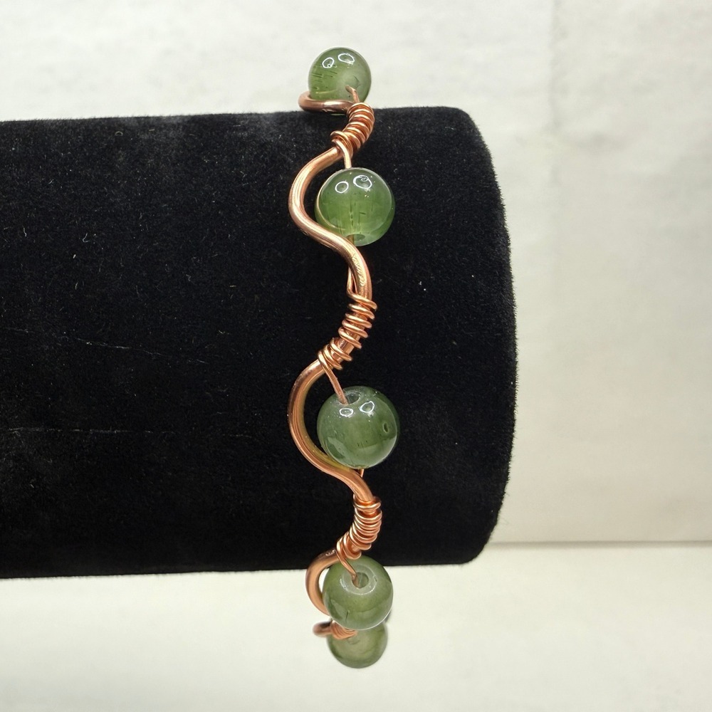 Artisan Copper Wire Green Aventurine Jade Bead Wrapped Bangle Bracelet Jewelry 7